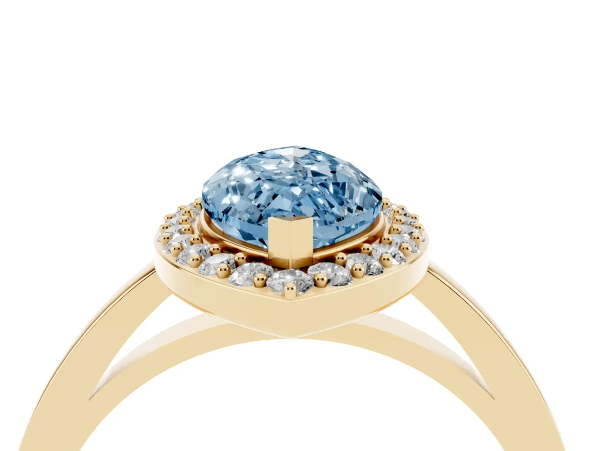 Fancy Blue Marquise Cut Halo Diamond Ring with Solitaire Band and Prong Setting Yellow gold