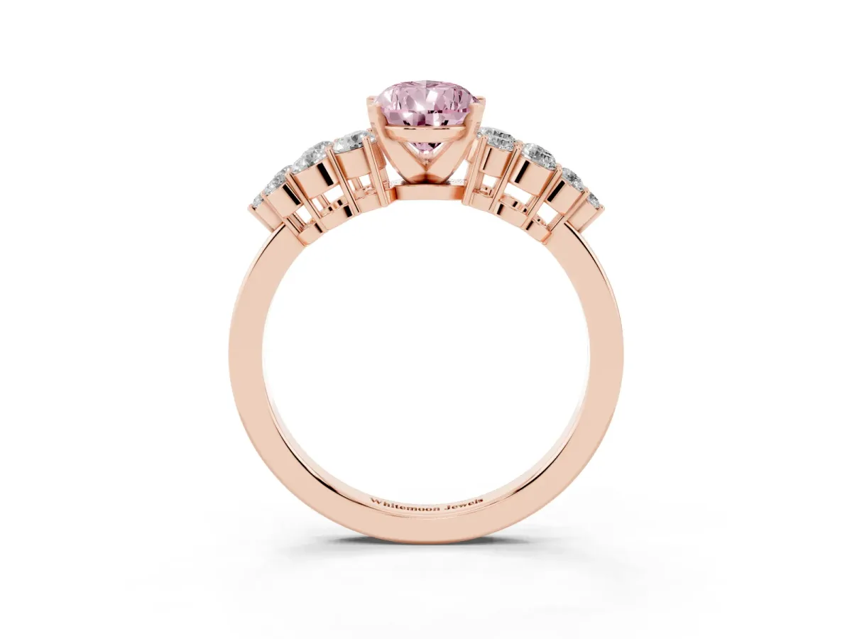 Fancy Pink Pear Cut Cluster Diamond Engagement Ring with Pavé Band and Four-Prong Setting Rose gold