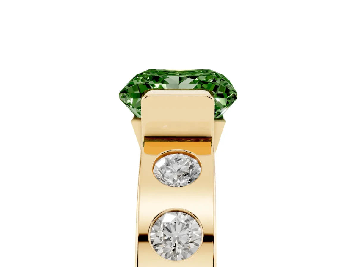 Fancy Green Princess Cut Brilliant Channel-Set Diamond Ring with Bezel Prong Setting Yellow gold