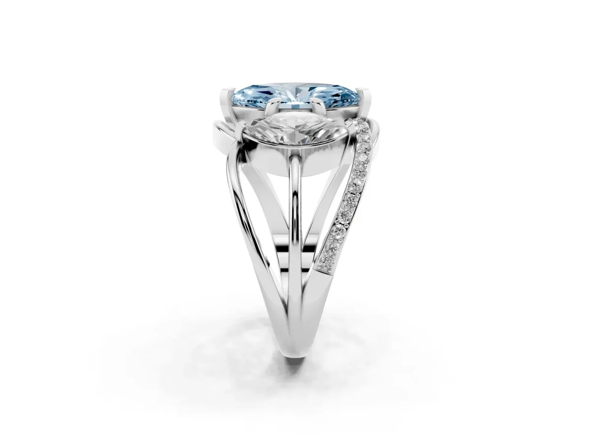 Fancy Blue Three-Stone Marquise Cut Cut Diamond Split Shank Prong Set Ring White gold
