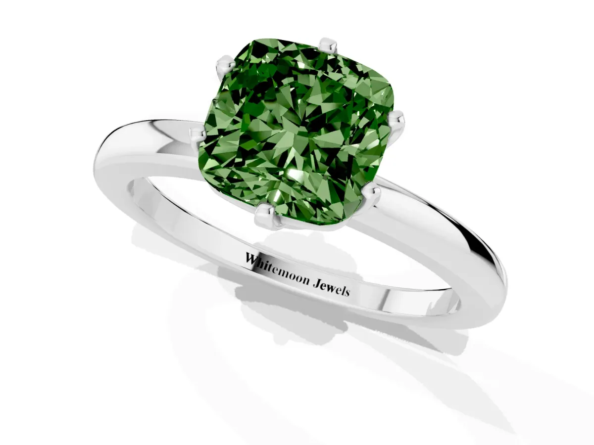 Fancy Green Cushion Cut Solitaire Diamond Ring with Six-Prong Setting on a Classic Band Silver