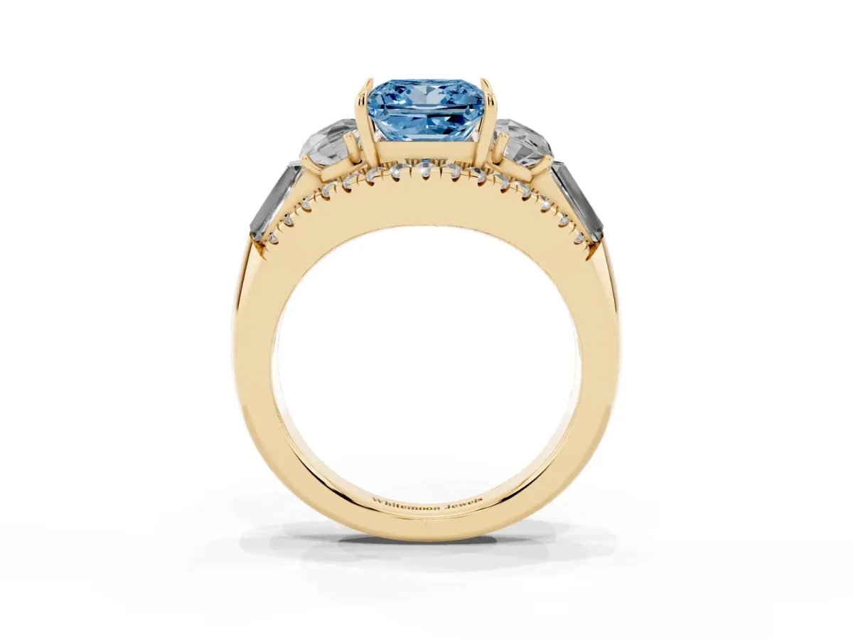 Fancy Blue Three-Stone Princess Cut Diamond Engagement Ring with Pave Band and Prong Setting Yellow gold