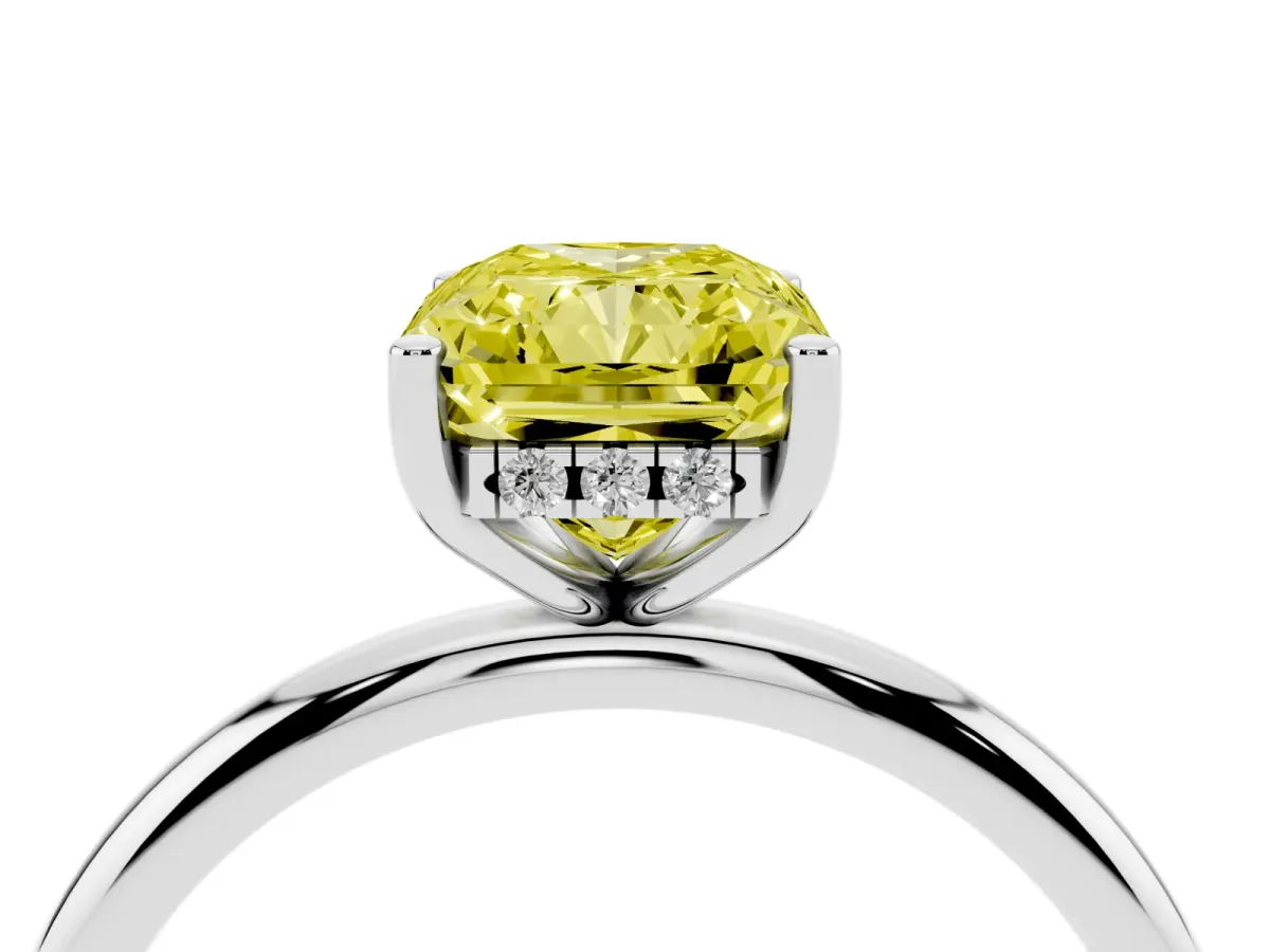 Fancy Yellow Radiant Cut Cut Solitaire Engagement Ring with Four-Prong Setting and Classic Band Silver