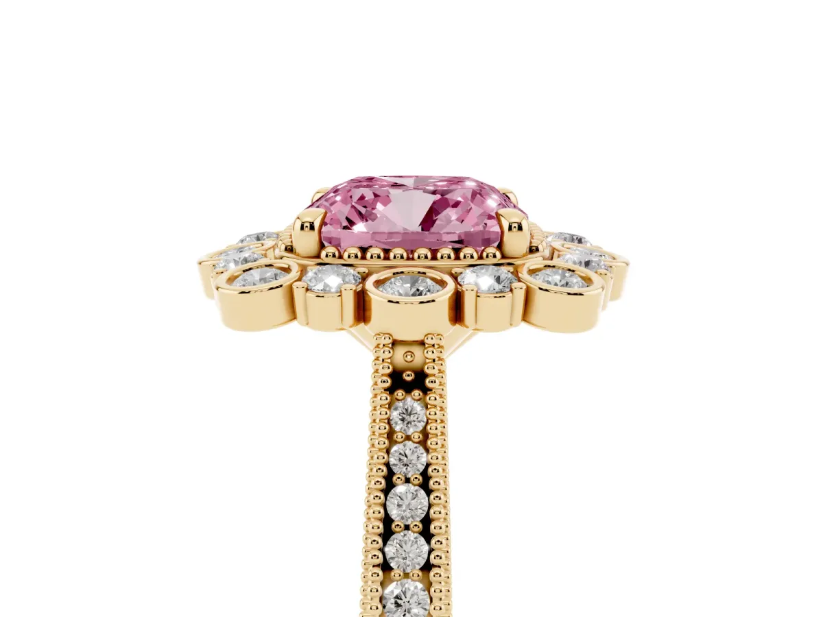Fancy Pink Cushion Cut Halo Milgrain Pave Diamond Ring with Four-Prong Setting Yellow gold