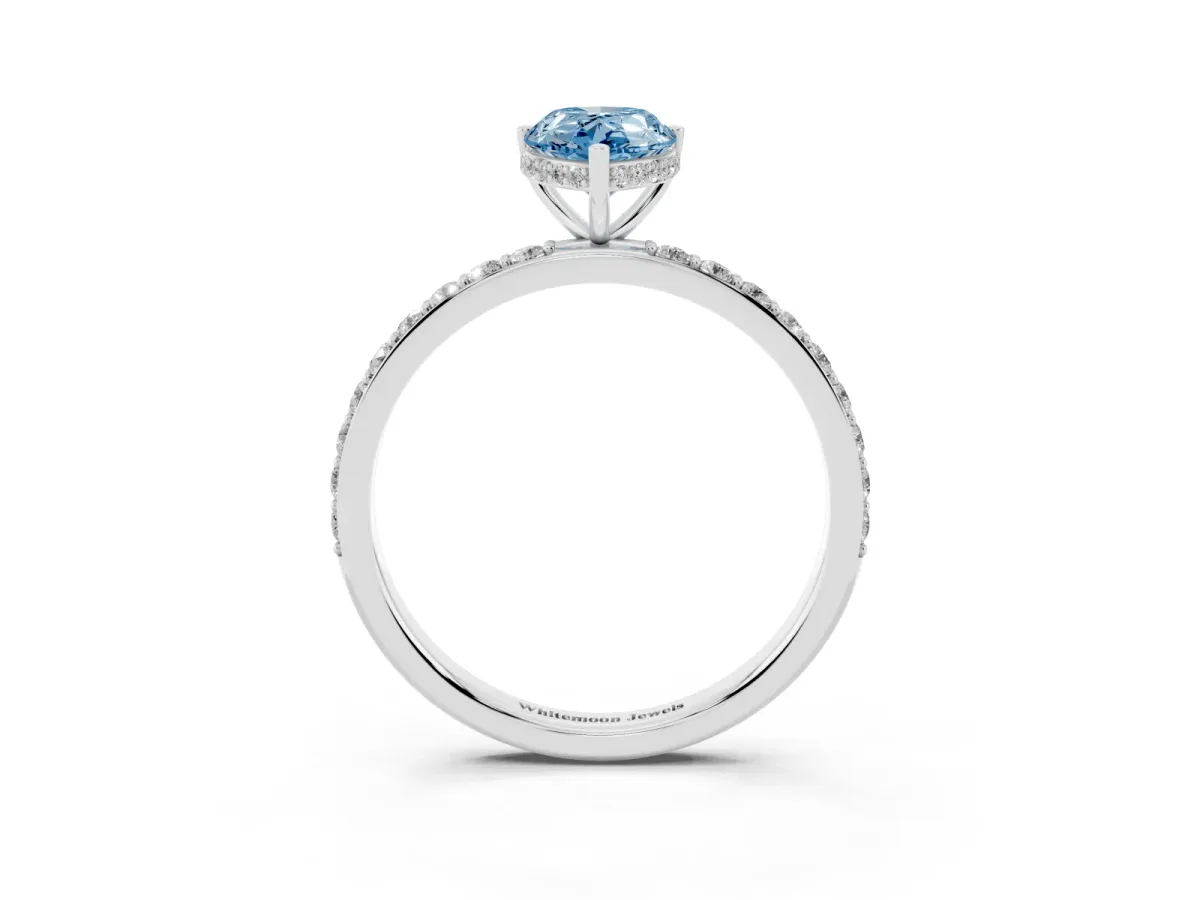 Fancy Blue Pear Cut Diamond Solitaire Ring with Pavé Band and Hidden Halo Silver