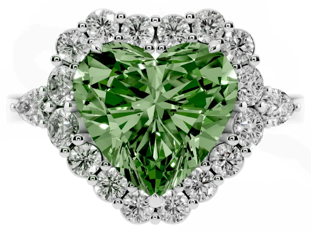 Fancy Green Heart Cut Diamond Halo Ring with Pear Side Stones and Prong Setting Silver