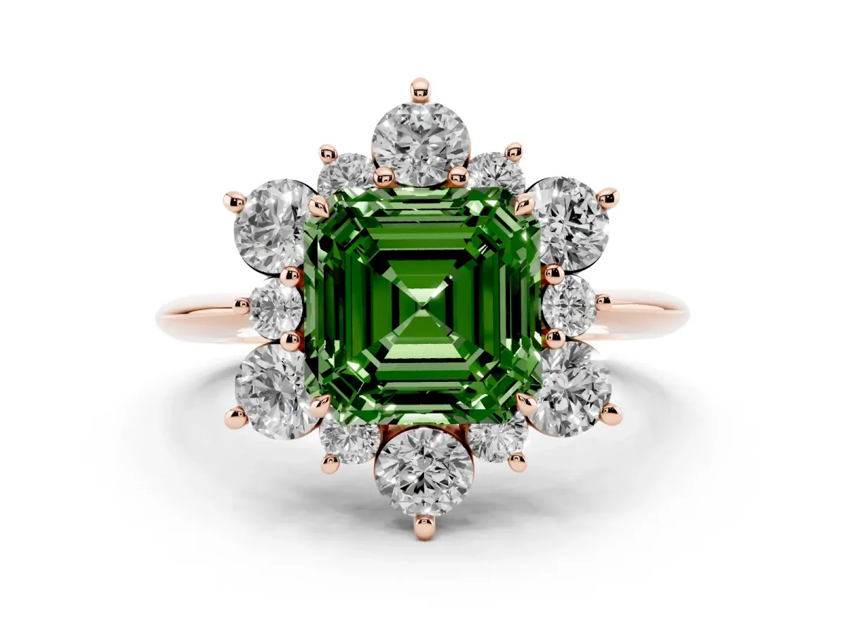 Fancy Green Asscher Cut Diamond Cluster Halo Ring with Solitaire Band and Four-Prong Setting Rose gold