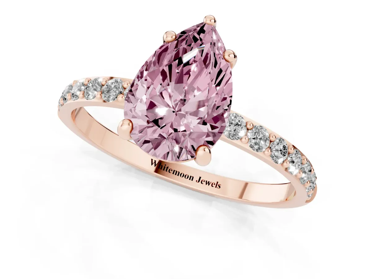 Fancy Pink Pear Cut Diamond Solitaire Ring with Round Pavé Band and Prong Setting Rose gold