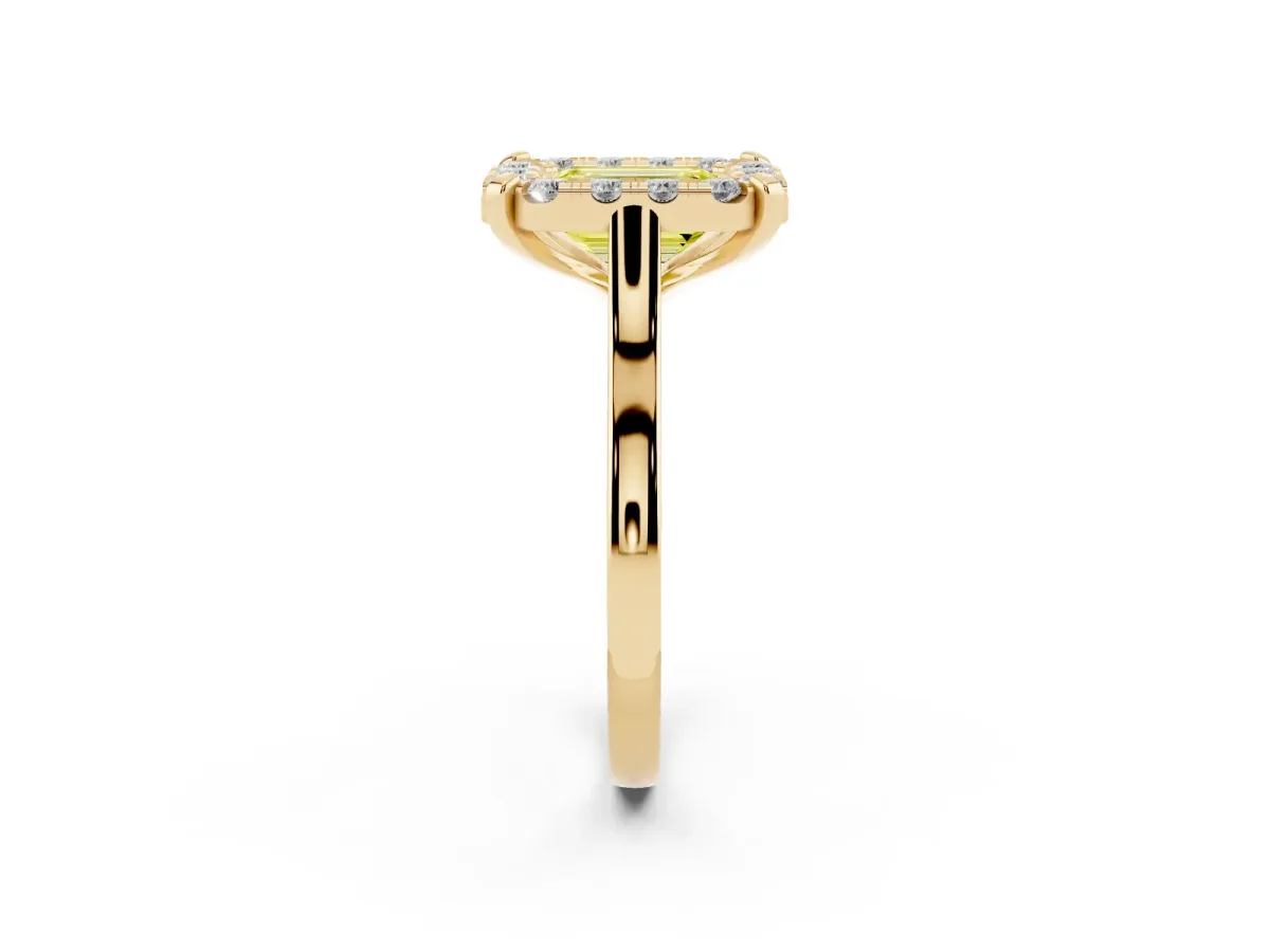 Fancy Yellow Emerald Cut Diamond Cluster Halo Solitaire with Four-Prong Setting Yellow gold