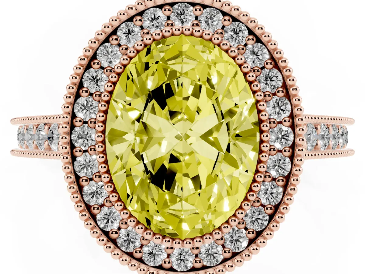 Fancy Yellow Halo Oval Cut-Cut Diamond Pave Band Milgrain Prong Setting Ring Rose gold