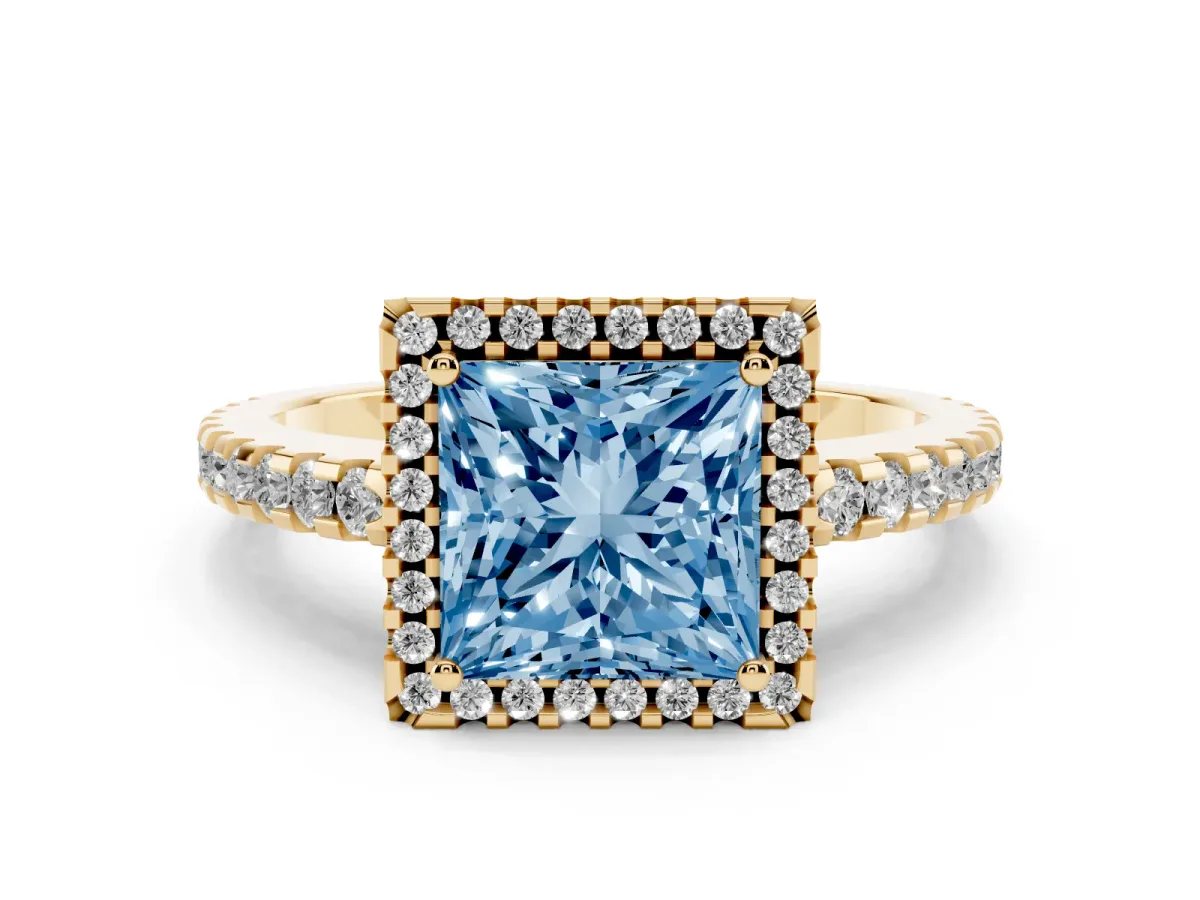 Fancy Blue Princess Cut Diamond Halo Engagement Ring with Pavé Band and Prong Setting Yellow gold