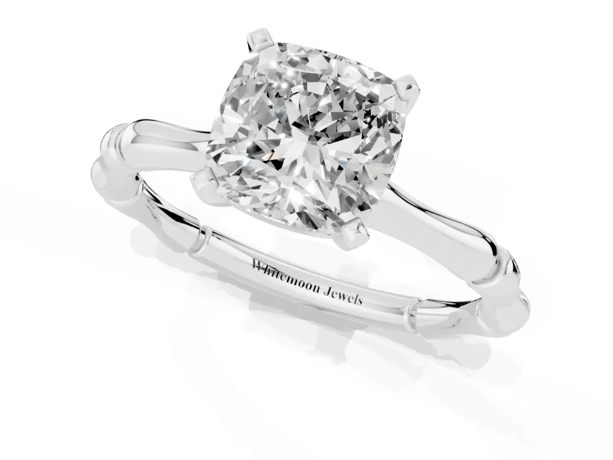 Cushion Cut Solitaire Diamond Ring with Bamboo Band and Four-Prong Setting Silver