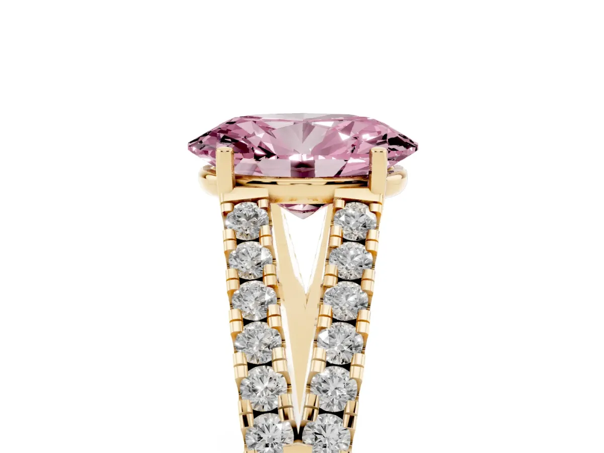 Fancy Pink Oval Cut Diamond Split Shank Engagement Ring with Round Pavé and Prong Setting Yellow gold