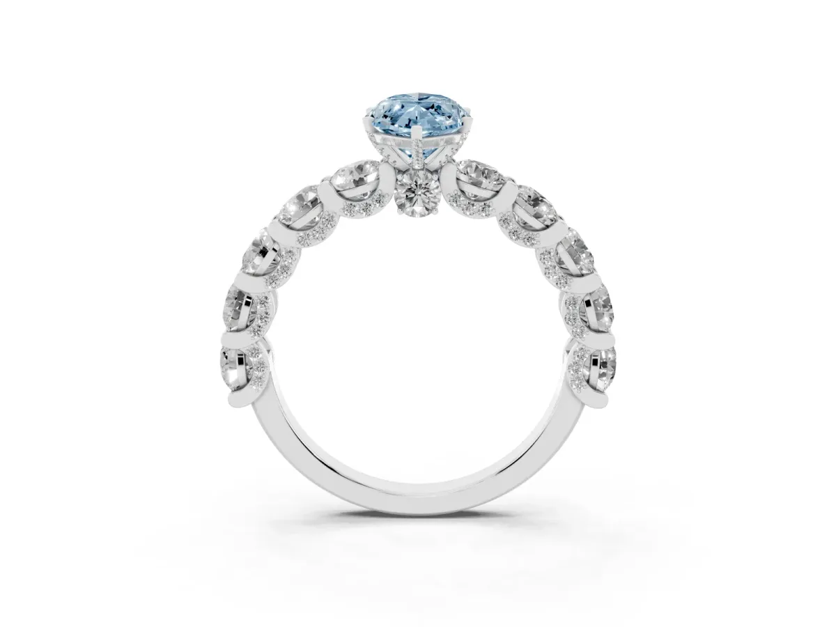 Fancy Blue Marquise Cut Diamond Side Stone Engagement Ring with Four-Prong Setting Silver