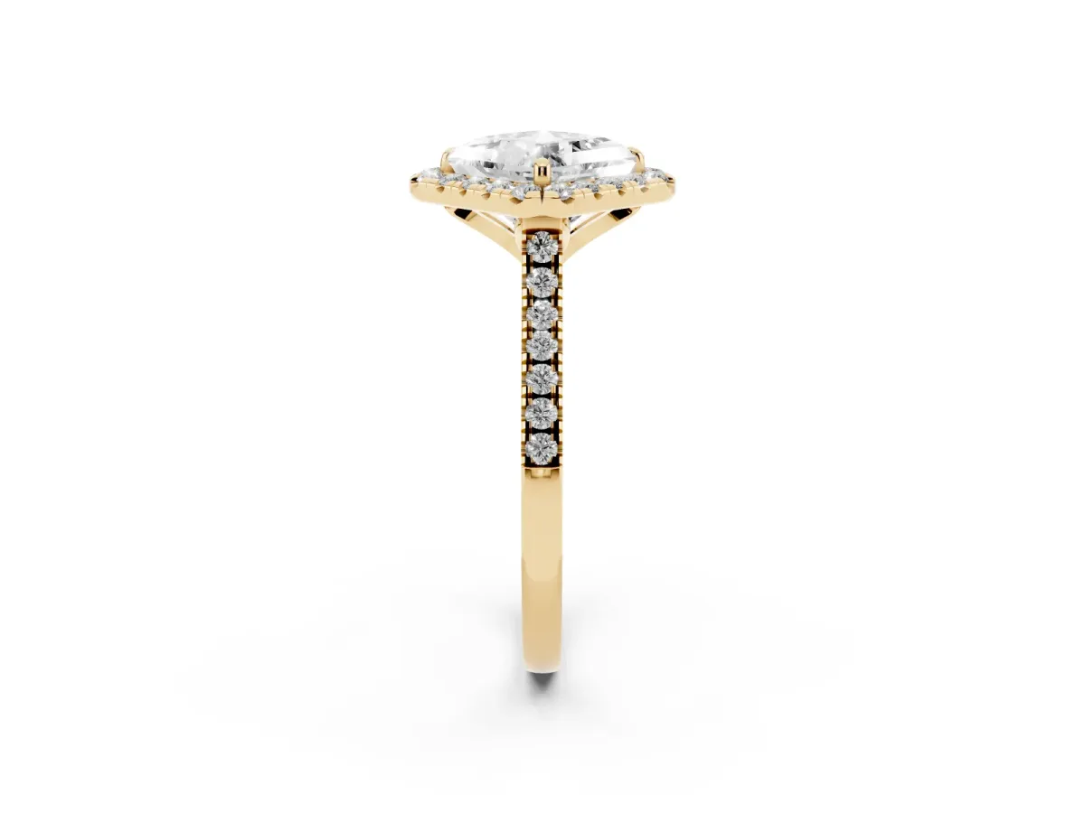 Princess Cut Diamond Cushion Halo Ring with Pavé Band Yellow gold