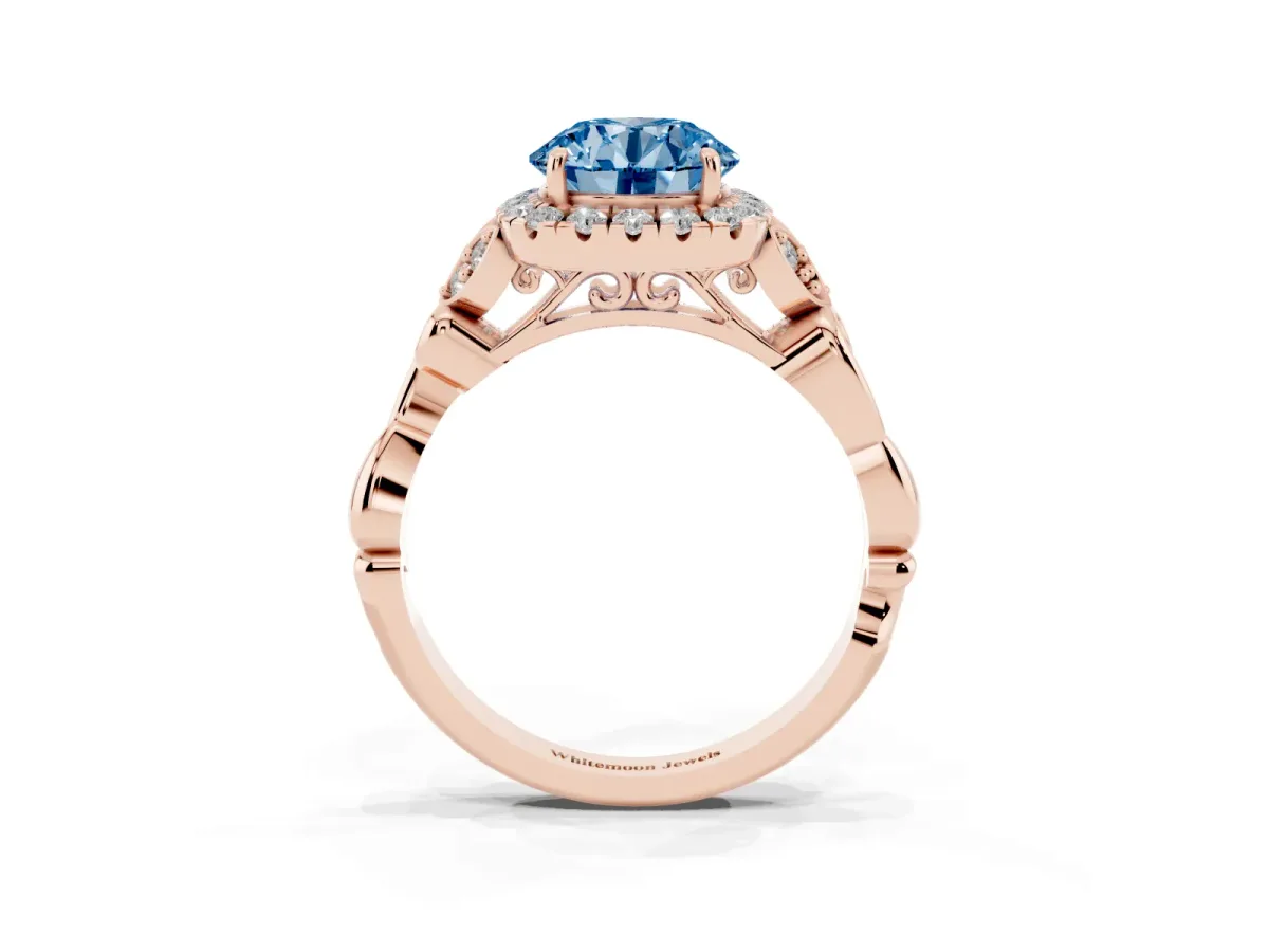Fancy Blue Round Cut Halo Diamond Engagement Ring with Vintage-Inspired Band and Four-Prong Setting Rose gold
