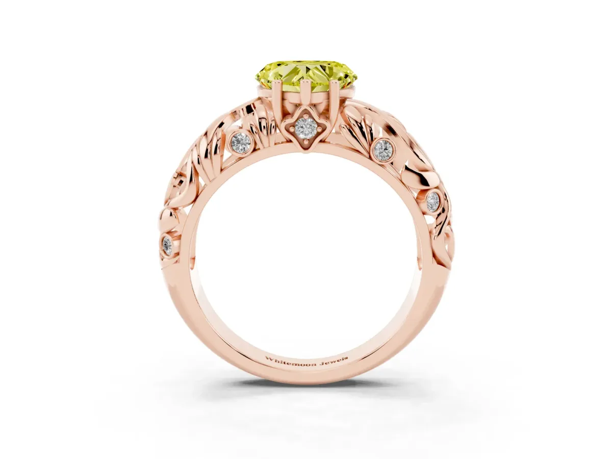 Fancy Yellow Heart Cut Solitaire Diamond Leaf-Inspired Vine Band Ring with Prong Setting Rose gold