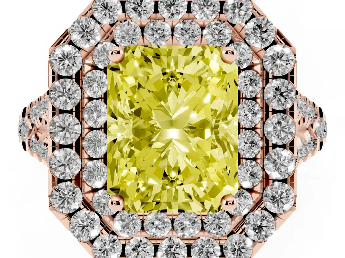 Fancy Yellow Double Halo Radiant Cut Diamond Pavé Split Shank Ring with Prong Setting Rose gold