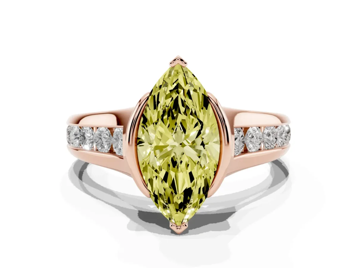 Fancy Yellow Marquise Cut Solitaire Bezel-Set Diamond Ring with Channel-Set Band Rose gold