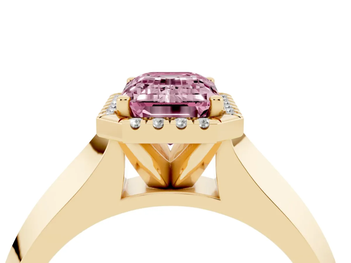 Fancy Pink Emerald Cut Halo Diamond Ring with Cathedral Band and Four-Prong Setting Yellow gold