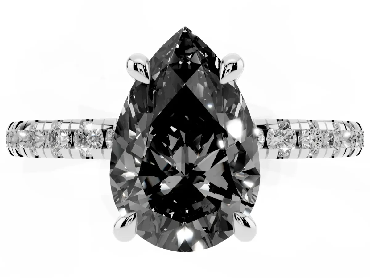 Fancy Black Pear Cut Diamond Brilliant Solitaire Ring with Pavé Band and Four-Prong Setting Silver