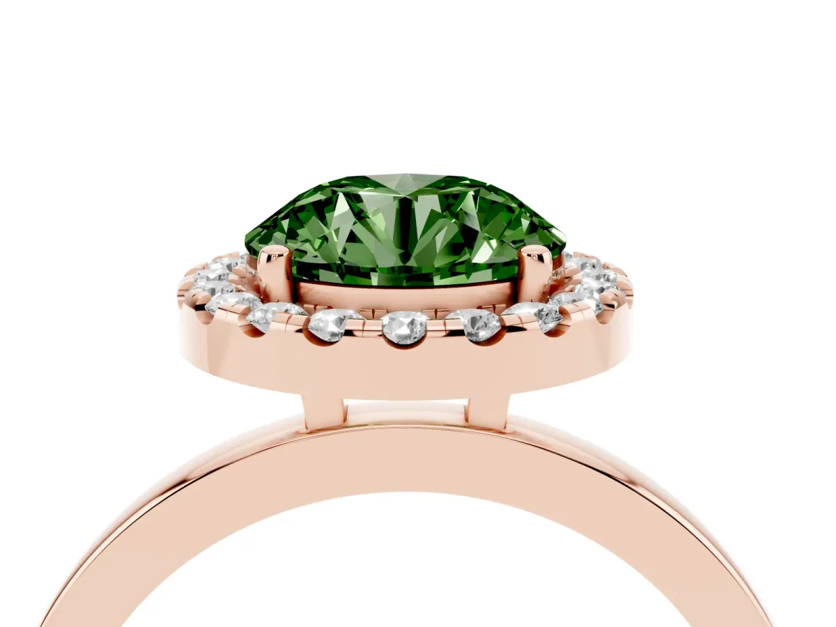Fancy Green Round Cut Halo Diamond Solitaire with Pavé Band and Four-Prong Setting Rose gold