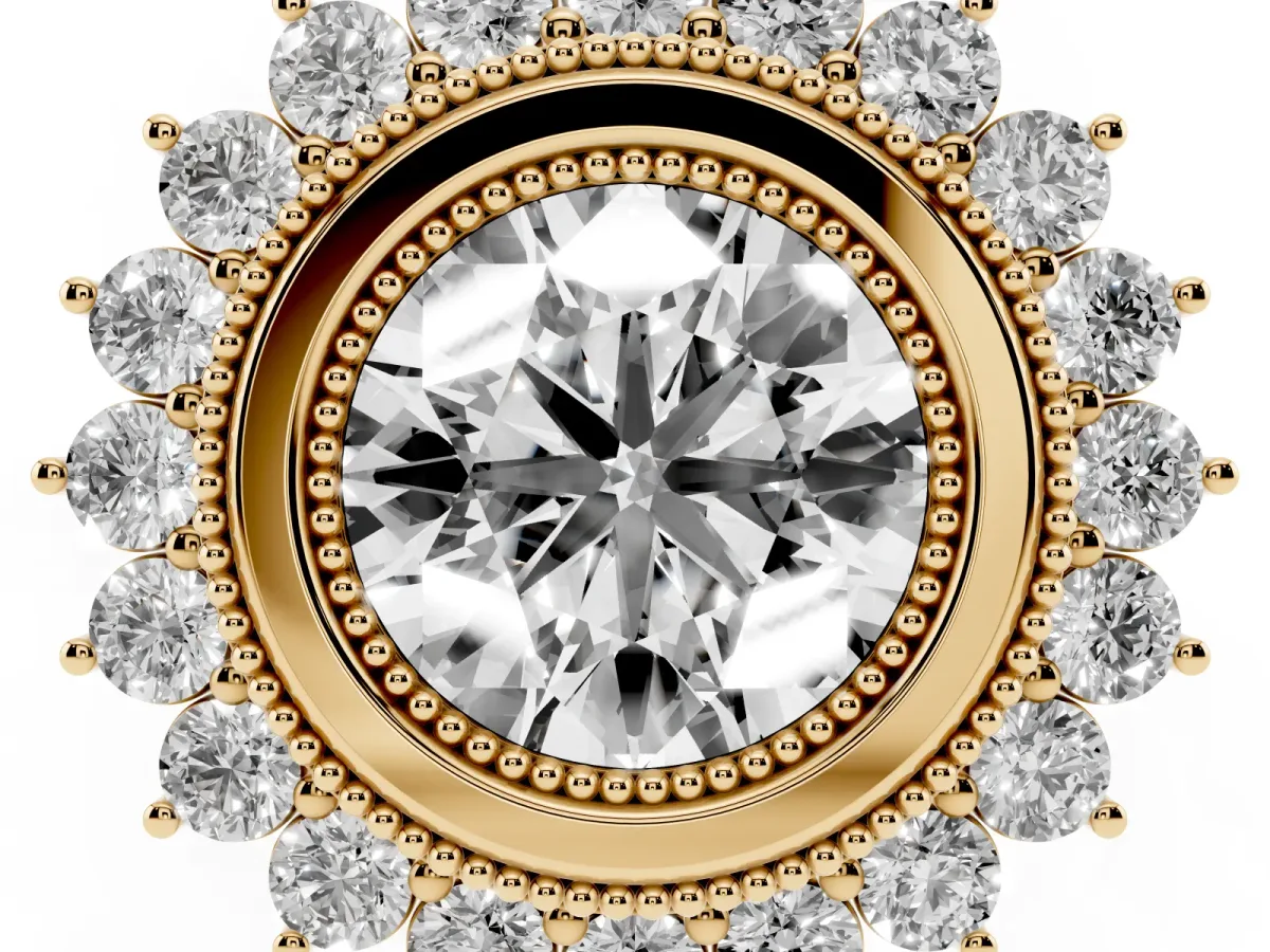 Round Cut Halo Diamond Ring with Milgrain Edge and Round Prong Setting Yellow gold