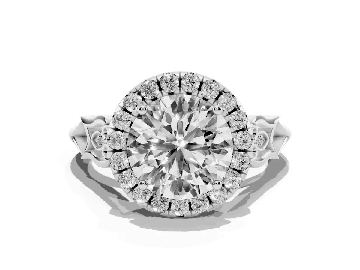 Round Cut Halo Diamond Engagement Ring with Filigree Band and Four-Prong Setting White gold