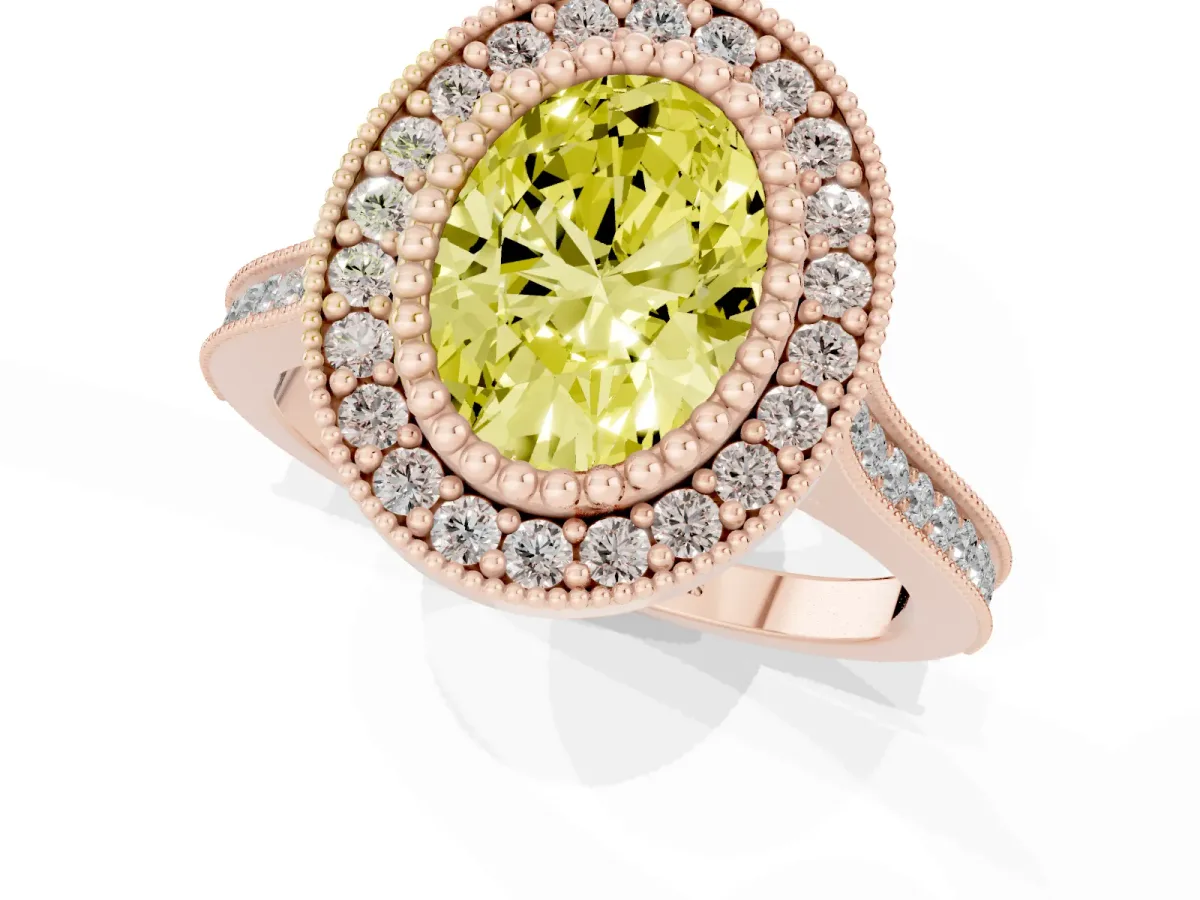 Fancy Yellow Oval Cut Diamond Halo Ring with Milgrain Frame and Pavé Band Rose gold