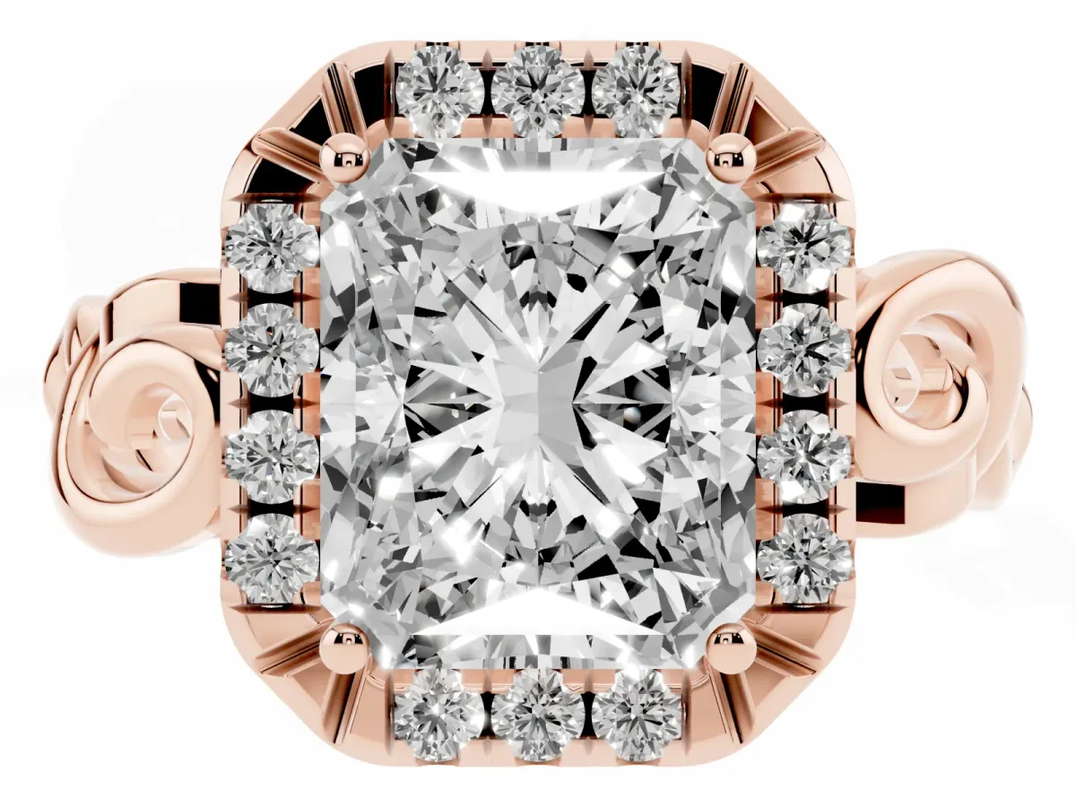 Radiant Cut Cut Halo Diamond Ring with Scrollwork Band and Four-Prong Setting Rose gold