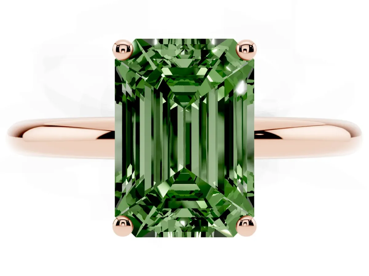 Fancy Green Emerald Cut Cut Solitaire Engagement Ring with Four-Prong Setting and Classic Band Rose gold