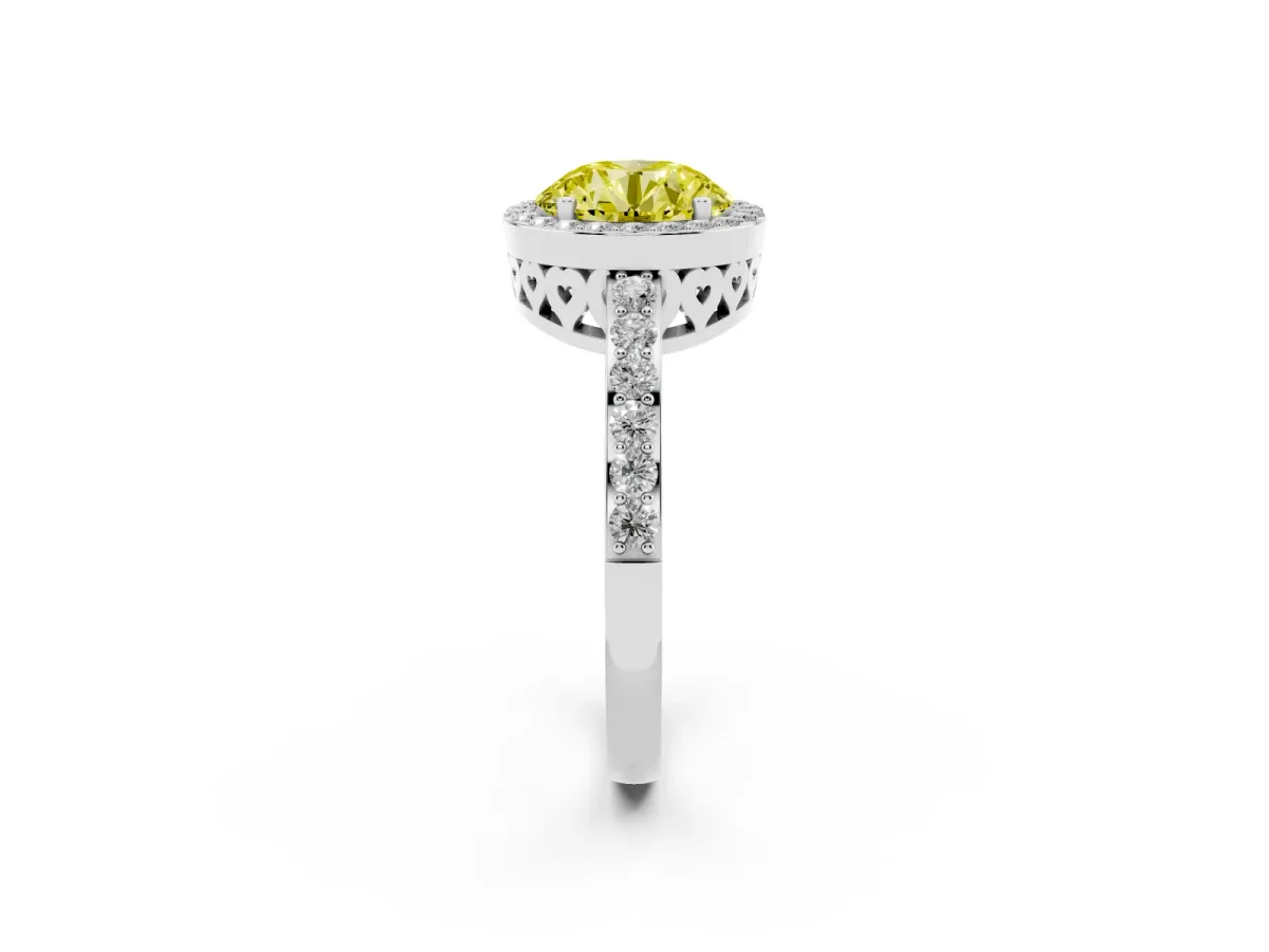 Fancy Yellow Round Cut Halo Diamond Pavé Band Ring with Prong Setting Silver