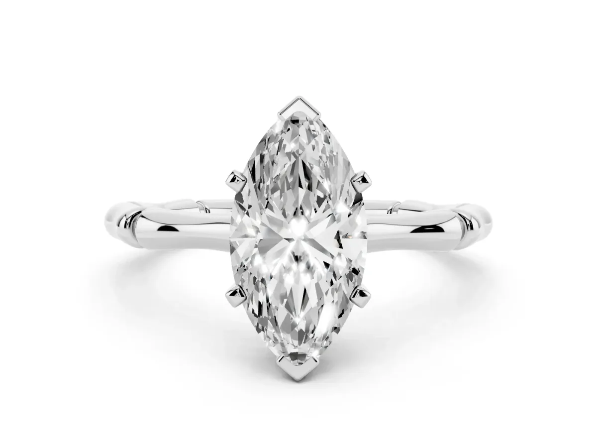 Marquise Cut Solitaire Diamond Ring with Bamboo Band and Four-Prong Setting Silver