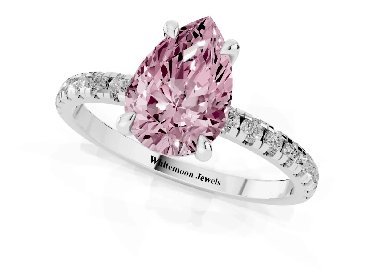 Fancy Pink Pear Cut Diamond Brilliant Solitaire Ring with Pavé Band and Four-Prong Setting Platinum