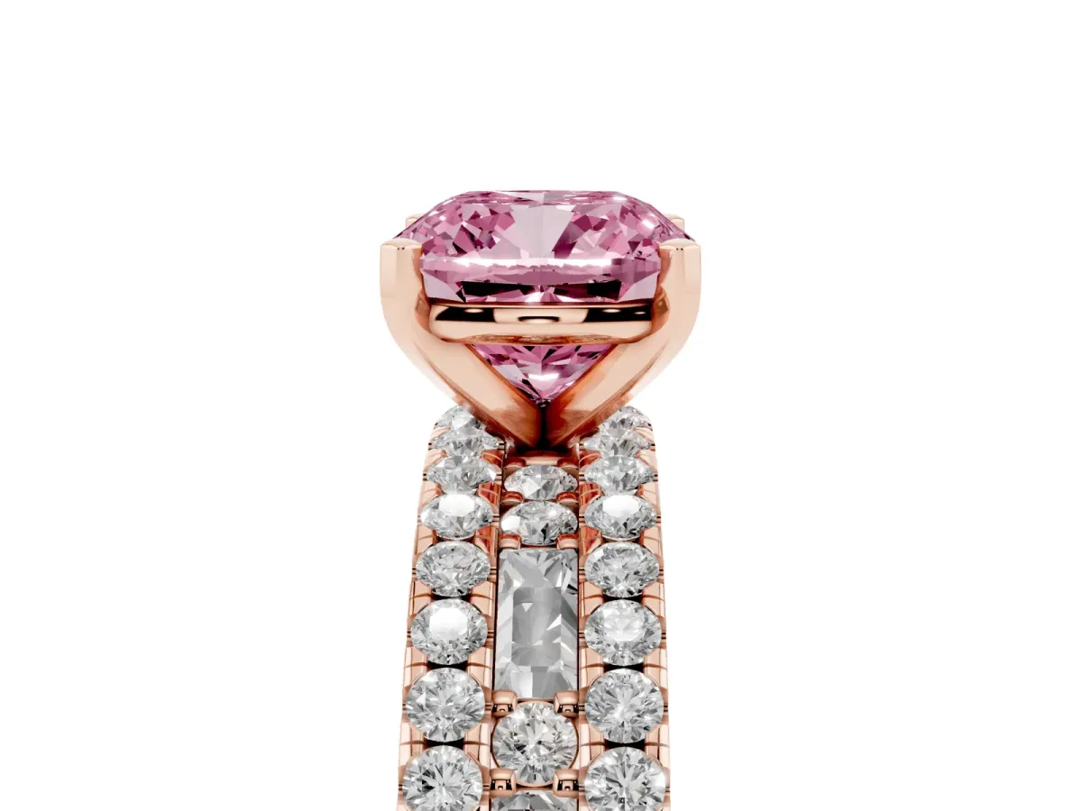 Fancy Pink Cushion Cut Diamond Solitaire Ring with Pavé and Channel Set Band Rose gold