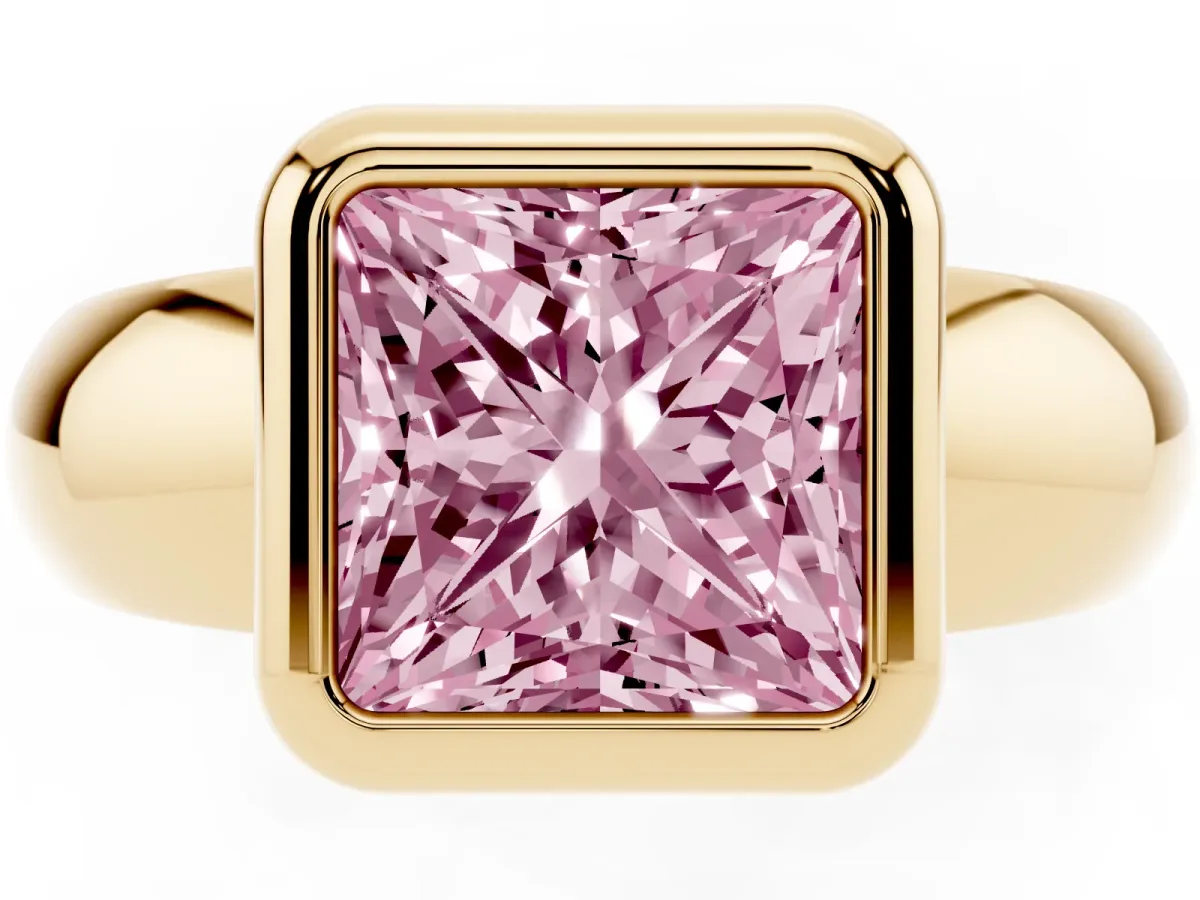 Fancy Pink Bezel Set Princess Cut Solitaire Ring with Wide Band Yellow gold