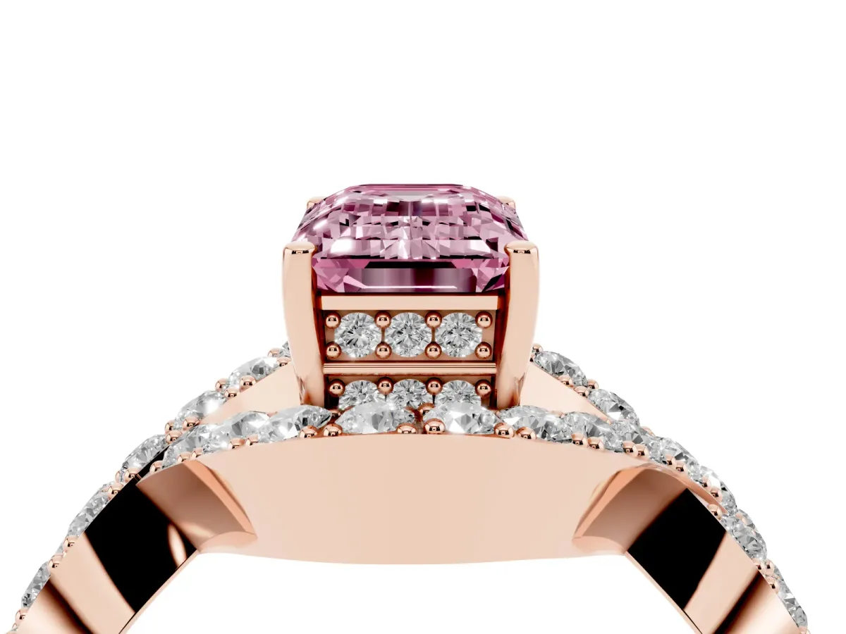 Fancy Pink Emerald Cut Solitaire Twist Band Pavé Diamond Engagement Ring Rose gold