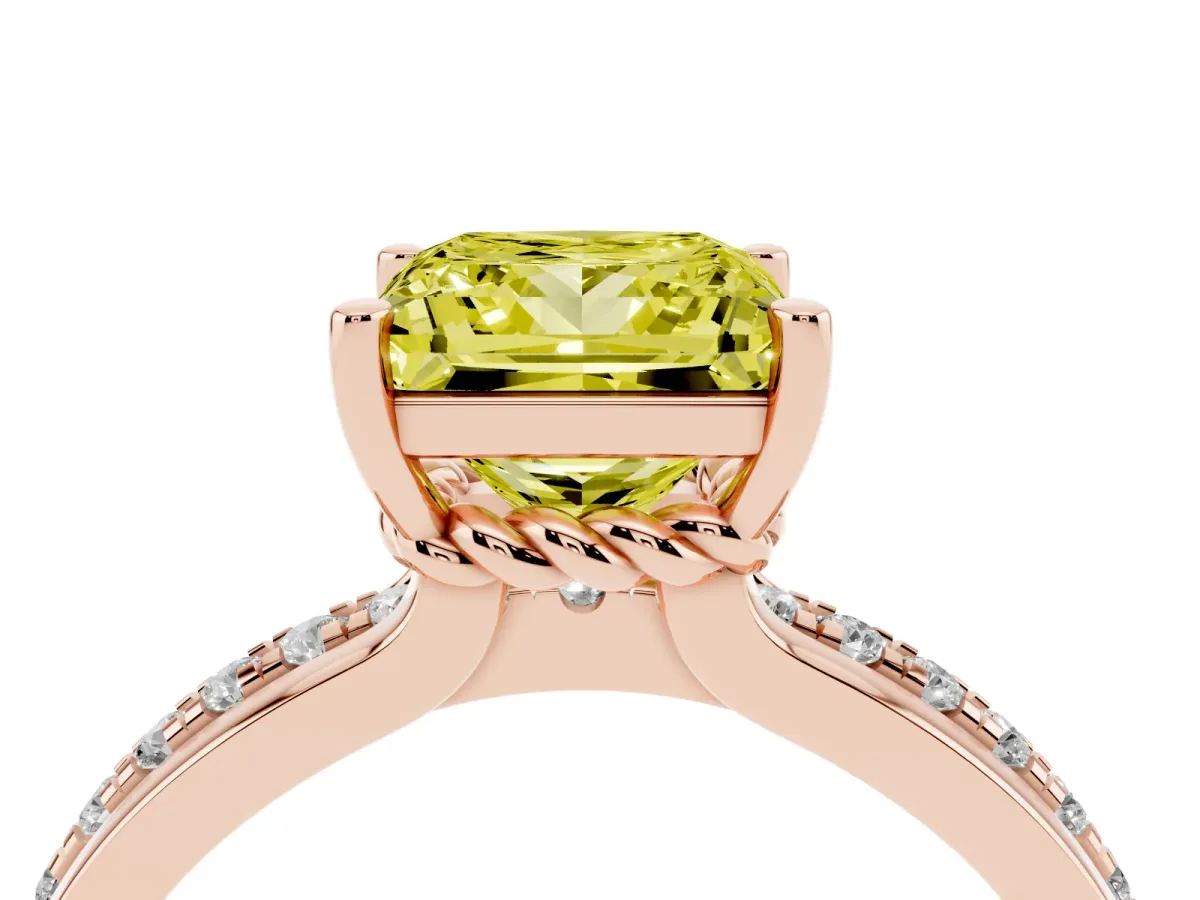 Fancy Yellow Princess Cut Solitaire Diamond Ring with Channel Set Band and Six-Prong Setting Rose gold