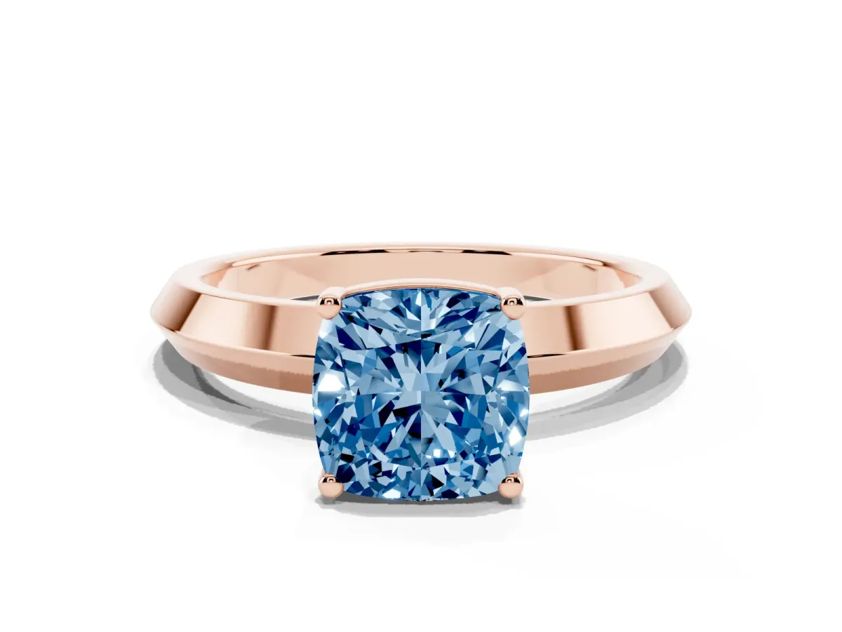 Fancy Blue Cushion Cut Cut Solitaire Engagement Ring with Flat Band and Four-Prong Setting Rose gold