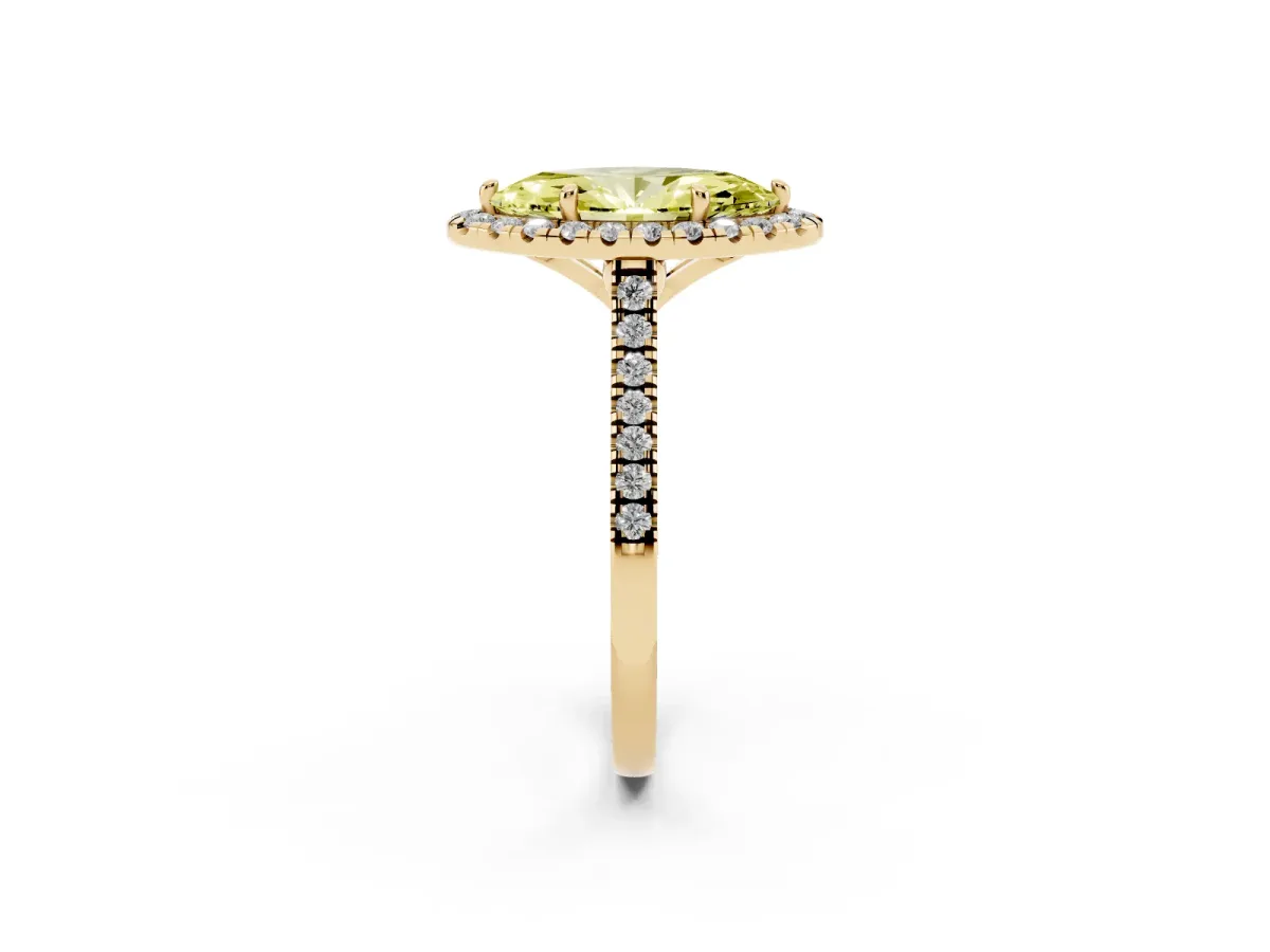 Fancy Yellow Marquise Cut Diamond Cushion Halo Ring with Pavé Band Yellow gold