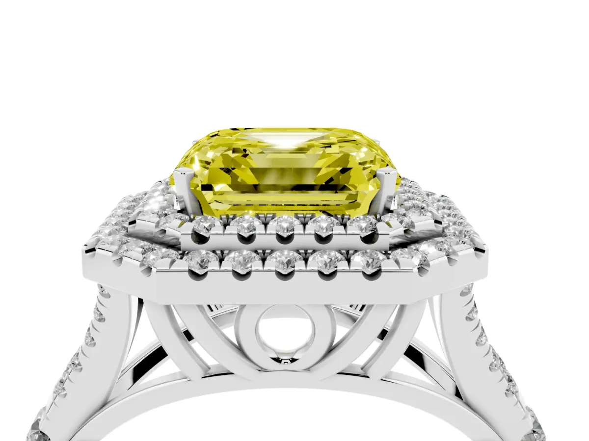 Fancy Yellow Asscher Cut Diamond Pavé Split Shank Double Halo Engagement Ring Platinum