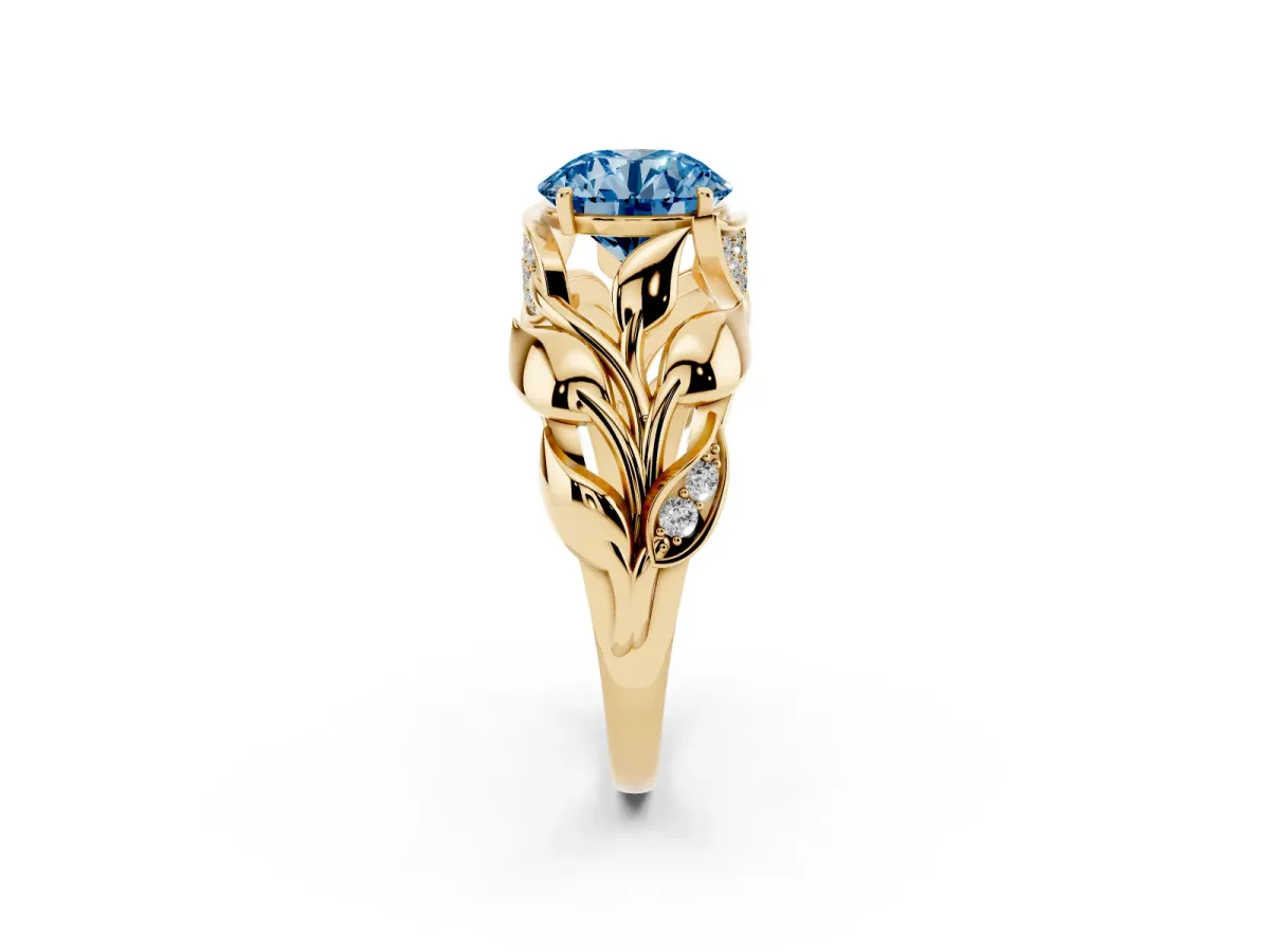 Fancy Blue Round Cut Diamond Leaf-Inspired Engagement Ring with Round Accents and Prong Setting Yellow gold