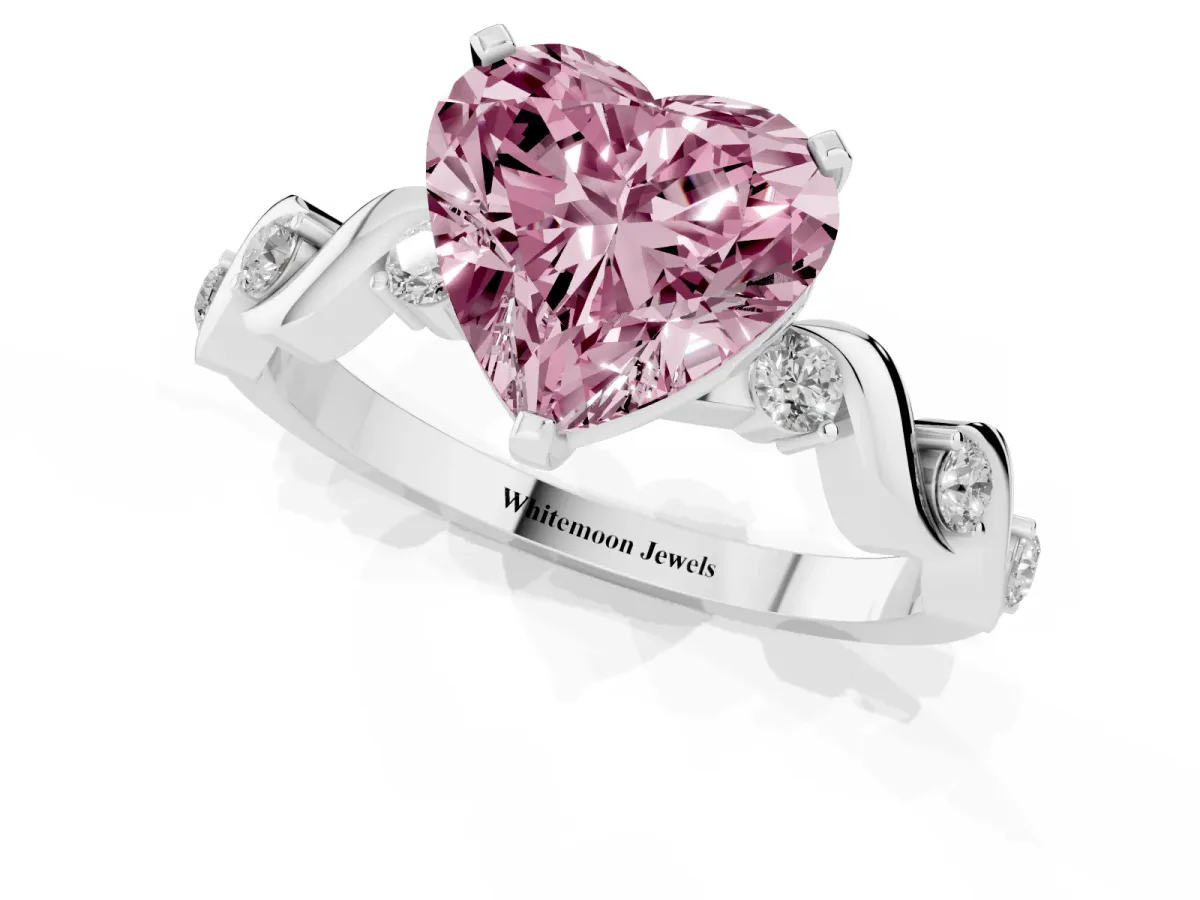 Fancy Pink Heart Cut Diamond Solitaire Twisted Band with Round Accents and Prong Setting White gold