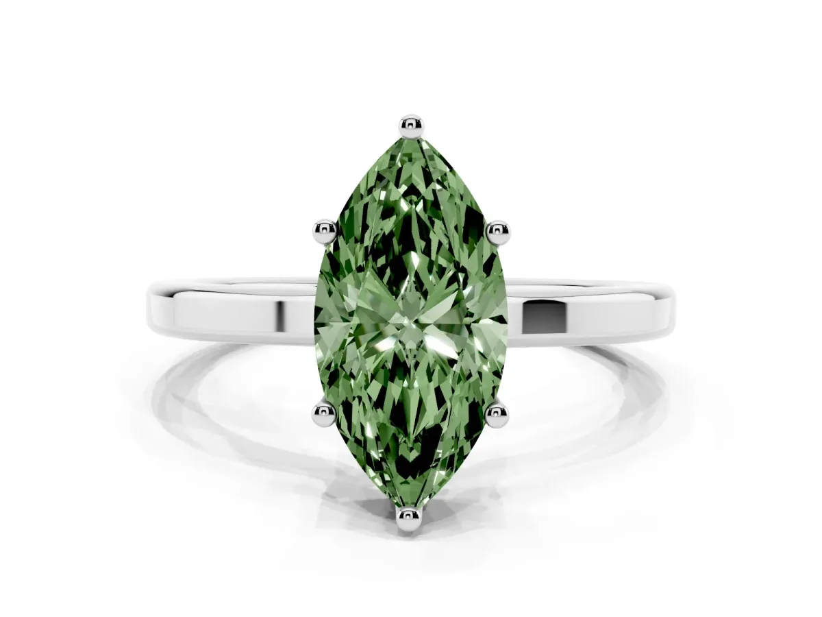 Fancy Green Marquise Cut Cut Solitaire Engagement Ring with Four-Prong Setting on a Classic Band White gold
