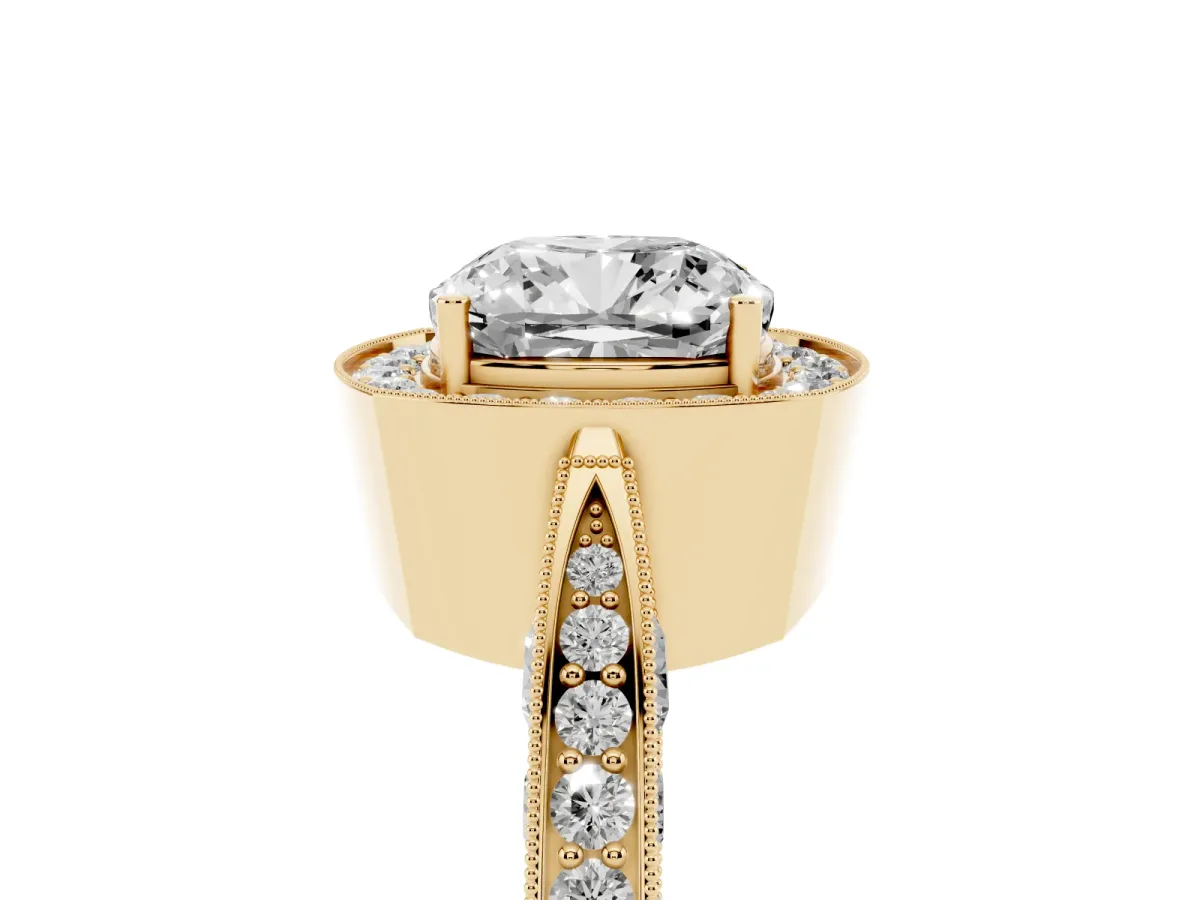 Cushion Cut Halo Diamond Engagement Ring with Split Shank Band and Four-Prong Setting Yellow gold