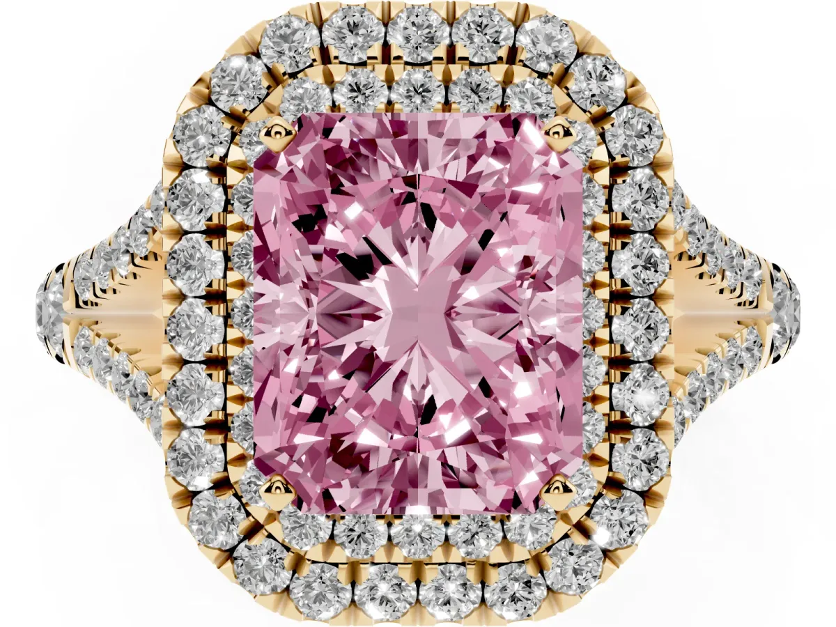 Fancy Pink Radiant Cut Diamond Pavé Split Shank Double Halo Engagement Ring Yellow gold