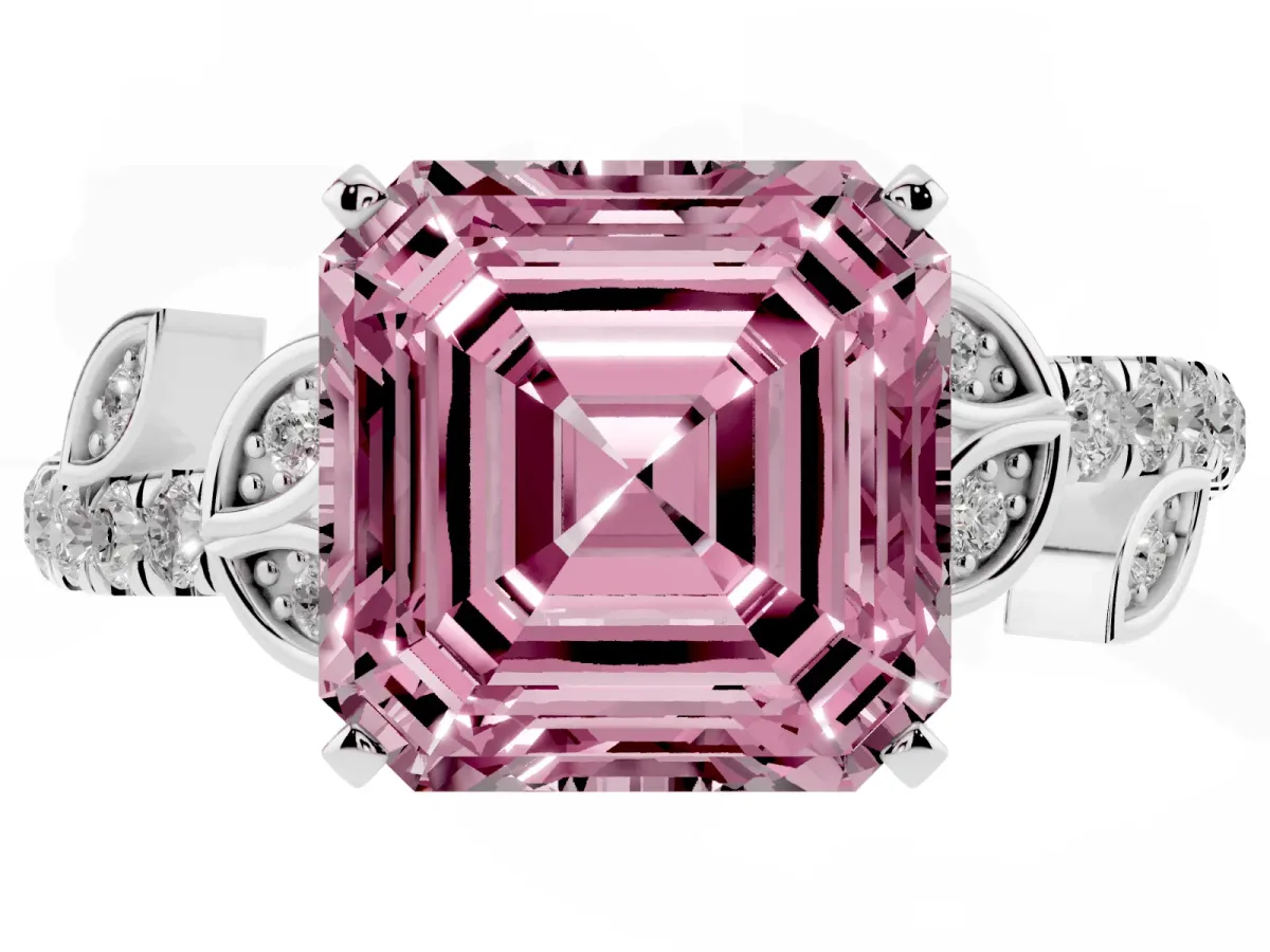 Fancy Pink Asscher Cut Solitaire Leaf-Inspired Diamond Ring with Pavé Band and Four-Prong Setting Silver
