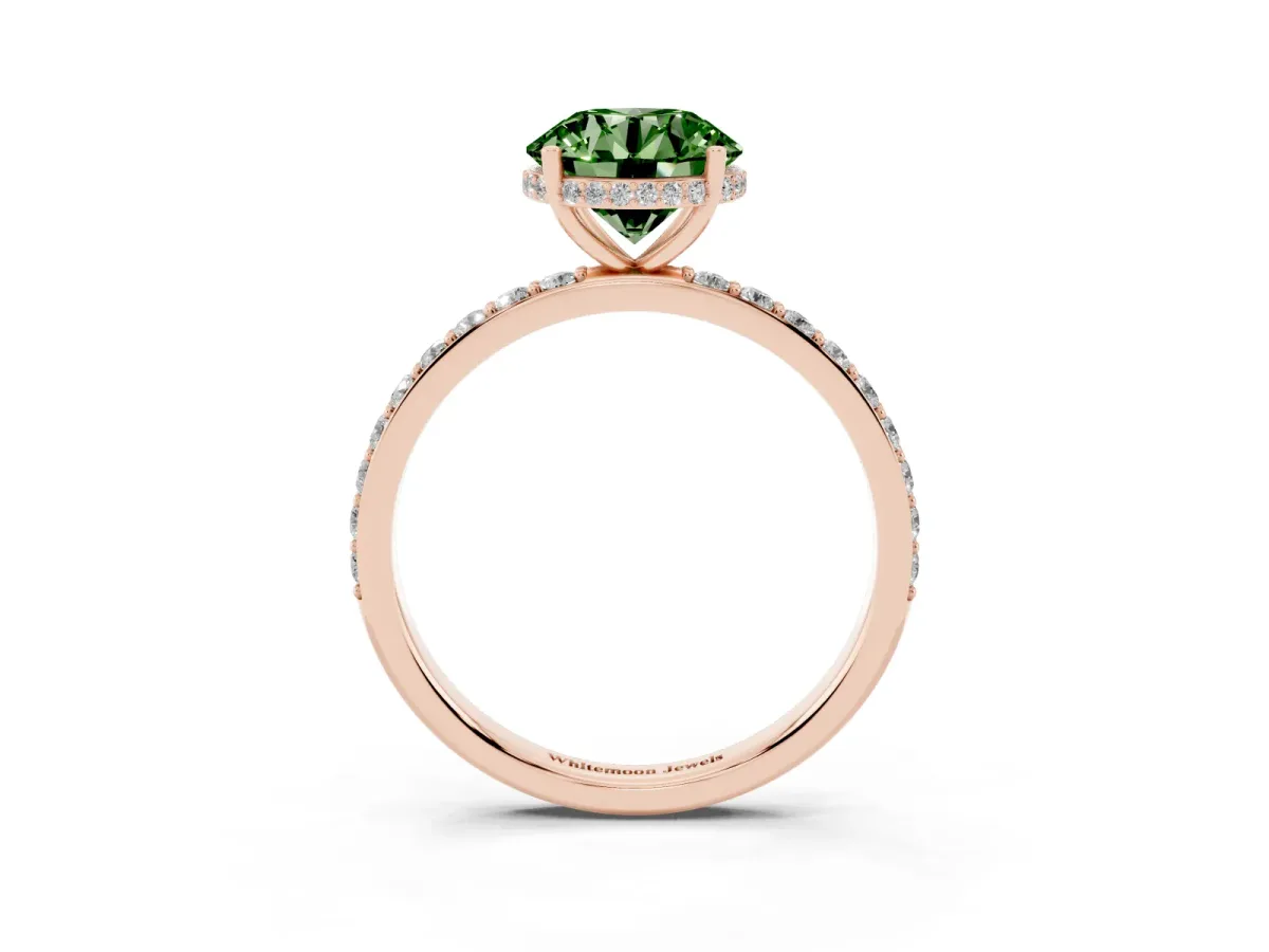 Fancy Green Round Cut Diamond Solitaire Ring with Pavé Band and Hidden Halo Rose gold