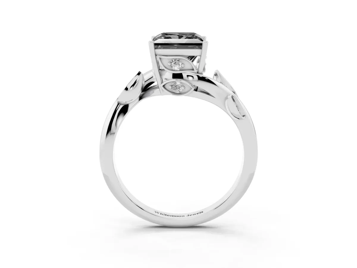Fancy Black Princess Cut Solitaire Twist Engagement Ring with Leaf Accents and Prong Setting White gold