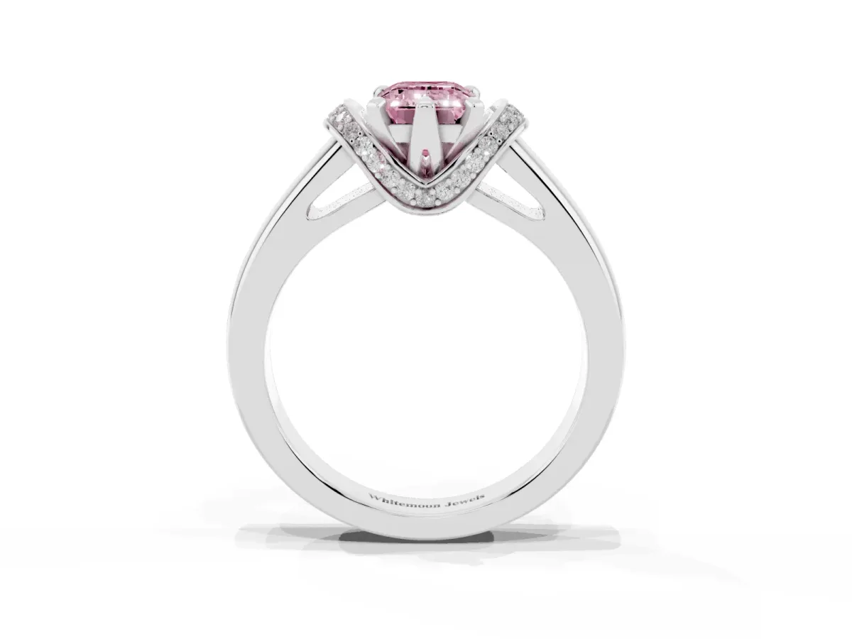 Fancy Pink Emerald Cut Solitaire Diamond Ring with Pave Band and Six-Prong Setting Silver